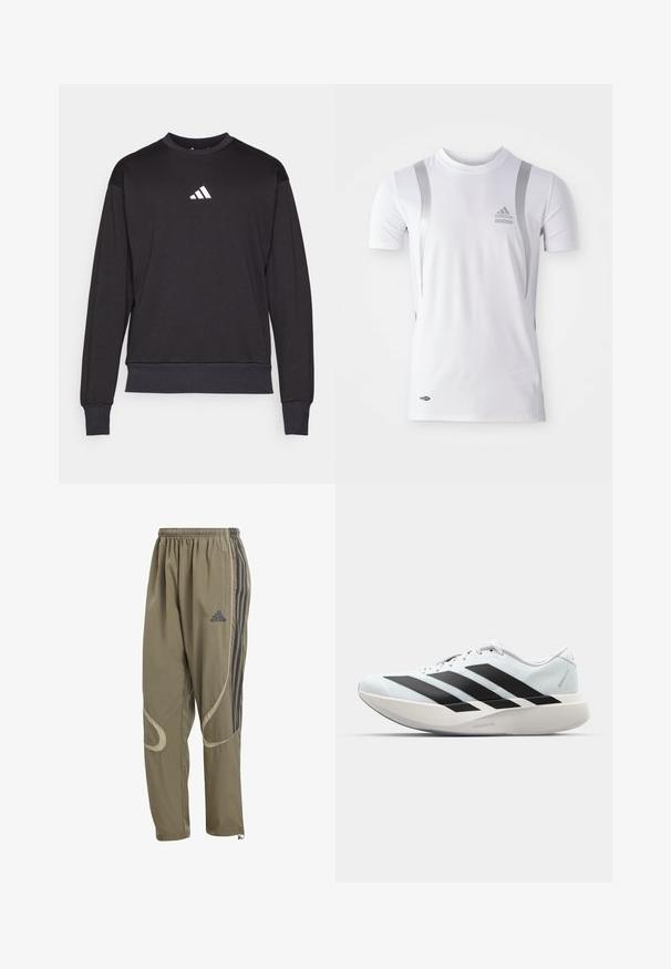 Must zwart sweatshirt pikäste varrukatega, sooniküsad ja päär; esiküljel on valge Adidas logo, mis on valmistatud pehmest, tekstureeritud kangast.; Valge lühikeste varrukatega spordipaita hõbedaste detailidega, ümarate kaelustega ja Adidas'i logoga rinnal. Valmistatud niiskust eemaldavast kangast.; Kerge, taupe värvi spordipüksid elastse vöökoha, kolme tumeda triibuga külgedel ja kaarjate aktsentidega taskute lähedal.; Valge jooksujalats kolme suure musta triibuga küljel ja paks kaardus talla, millel on silt Lightstrike Pro.