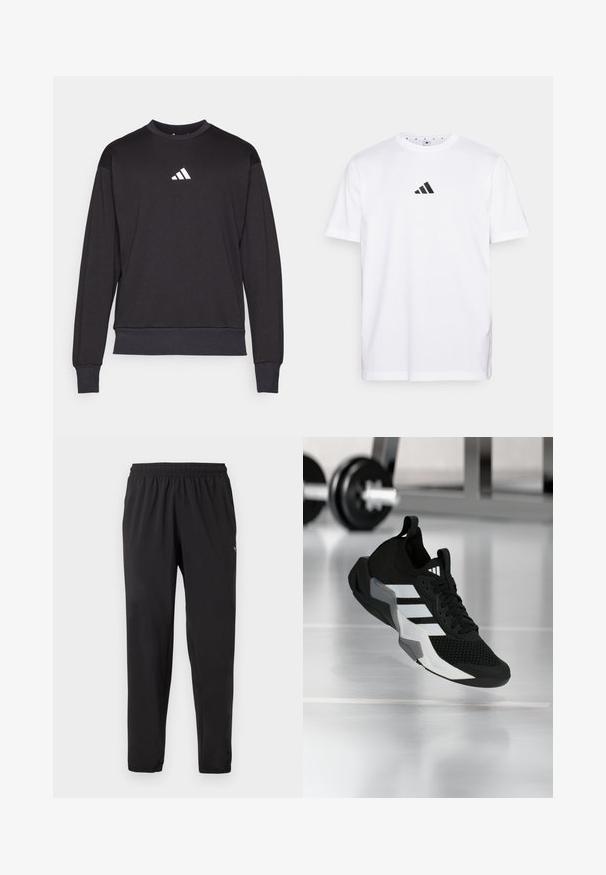 Sudadera negra con mangas largas, puños y dobladillo acanalados; presenta un logo blanco de Adidas en el pecho, fabricada en una suave tela texturizada.; Camiseta blanca de algodón con un pequeño logo triangular negro en el pecho, mangas cortas y escote redondo. Diseño simple y clásico.; Pantalones deportivos negros con cintura y puños elásticos, logo sutil en la parte superior del muslo izquierdo, ajuste de pierna recta.; Zapato deportivo negro con parte superior de malla, franjas blancas y detalles grises. Cuenta con un cuello acolchado y suela de goma. Adecuado para usar en el gimnasio.