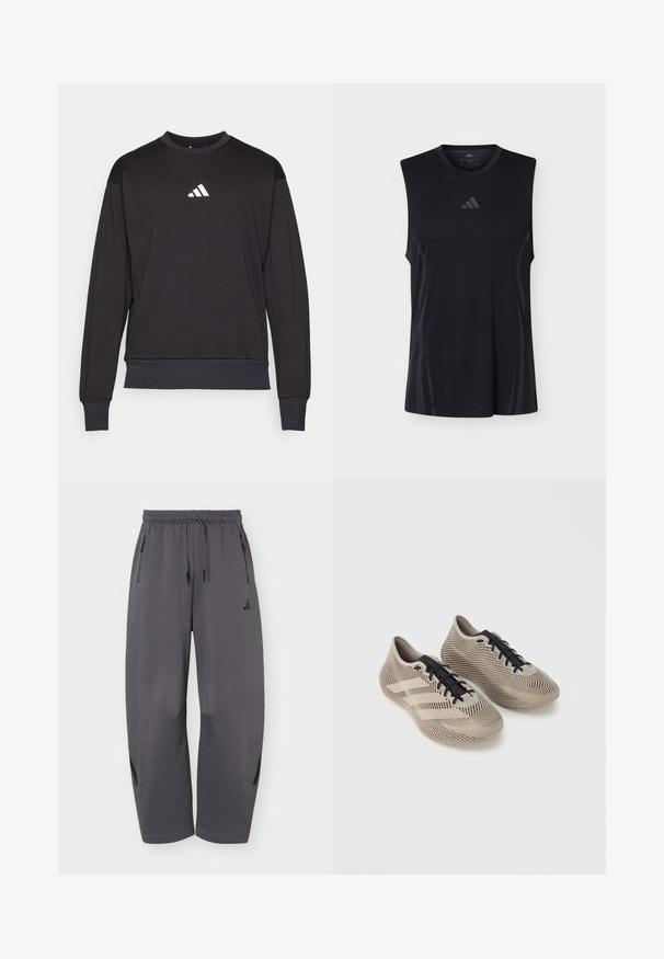 Sudadera negra con mangas largas, puños y dobladillo acanalados; presenta un logo blanco de Adidas en el pecho, fabricada en una suave tela texturizada.; Camiseta deportiva negra sin mangas con paneles laterales sutiles de malla y un pequeño logo de Adidas centrado debajo del cuello redondo.; Pantalones deportivos de pierna ancha en gris oscuro con cintura elástica, cordones, bolsillos laterales con cremallera y logo sutil de la marca en el muslo izquierdo.; Par de zapatillas deportivas beige con cordones negros, con un patrón texturizado a rayas y tres franjas laterales sobre un fondo liso.