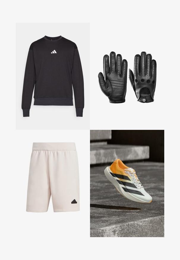 Sort sweatshirt med lange ærmer, ribbede manchetter og kant; har et hvidt Adidas-logo på brystet, fremstillet af blødt, tekstureret stof.; adidas Sportswear Z.N.E. PREMIUM - Korte sportsbukser - putty mauve; Orange og hvid løbesko med sorte striber, hængende over en grå betonoverflade med trin i baggrunden.; Sorte læderhandsker med perforerede fingerspidser, tre vandrette sømme på bagsiden og et rundt udsnit med en sølvknapdetalje.