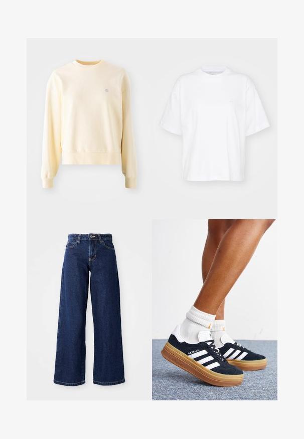 Lichtgele sweatshirt met lange mouwen, ronde hals, ribgebreide manchetten en een klein logo op de borst. Gemaakt van zachte, gestructureerde stof.; Witte katoenen t-shirt met een ronde hals, korte mouwen en een ontspannen pasvorm. Heeft een subtiel logo op het linkerborstgedeelte. Zachte textuur.; Donkerblauwe wijde spijkerbroek van denim, met een knoop- en ritssluiting, riemlussen en klassieke vijf-pocketontwerp.; Ben met witte sokken en zwarte Adidas Gazelle sneakers met witte strepen en dikke bruine zolen op een grijs tapijt.