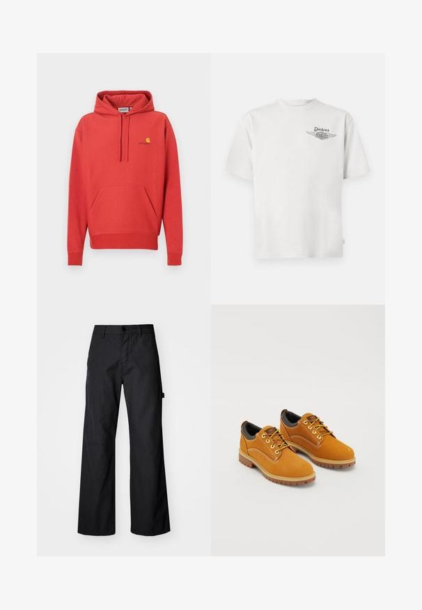 Sweat à capuche rouge avec cordon de serrage, poche kangourou, poignets côtelés et logo jaune sur la poitrine. Fabriqué en tissu doux avec une texture lisse.; T-shirt blanc à manches courtes avec un petit logo "Dickies" et le logo ailé Harley-Davidson imprimés sur la poitrine gauche.; Pantalons larges noirs en tissu durable. Fermeture à bouton et poches latérales. Texture lisse avec un design épuré.; Chaussures en daim marron avec un bout rond, des lacets jaunes, un col rembourré noir et des semelles en caoutchouc avec des rainures de traction.