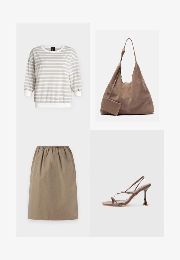 Chemise à manches longues rayée horizontale beige et blanche avec poignets, col et ourlet côtelés blancs sur un fond uni.; Jupe beige mi-genou avec taille élastique et ourlet droit, en tissu léger.; Sandale à talon haut marron à brides, avec un bout carré, des brides élégantes, une finition brillante et un talon courbé distinct.; Zign by Zalando LEATHER - Cabas - light brown