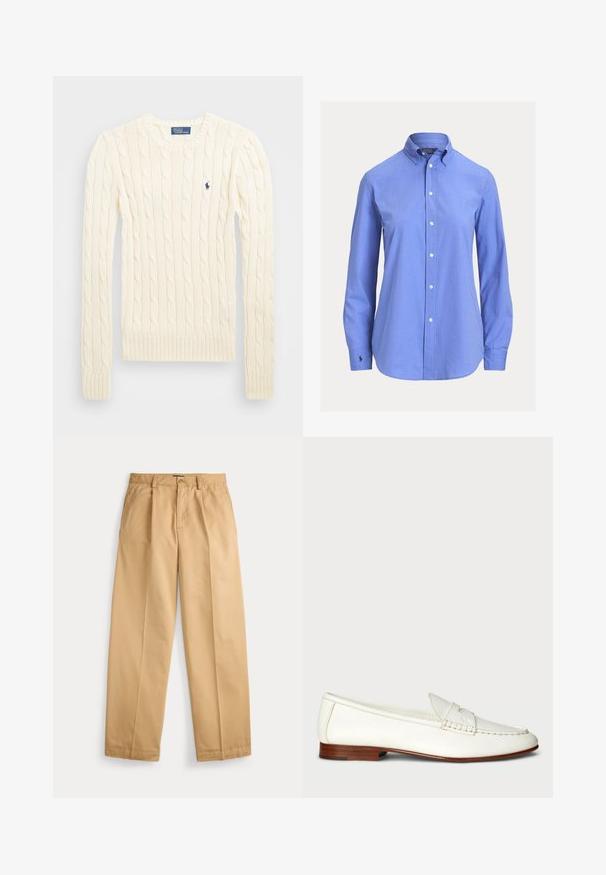 Cremefarvet kabelstrikket sweater med lange ærmer, ribbede manchetter og kant, med et lille broderet logo på venstre bryst.; Blå langærmet skjorte med knapper, klassisk krave og lille broderet logo på venstre manchet.; Beige bukser med lige ben, lukning med knap og lynlås, forlommer, bæltestropper og pressede folder ned langs benene.; Hvide læder loafers med en struktureret overflade, rund tå og vævet detalje. Lavt træhæl og minimalistisk design.
