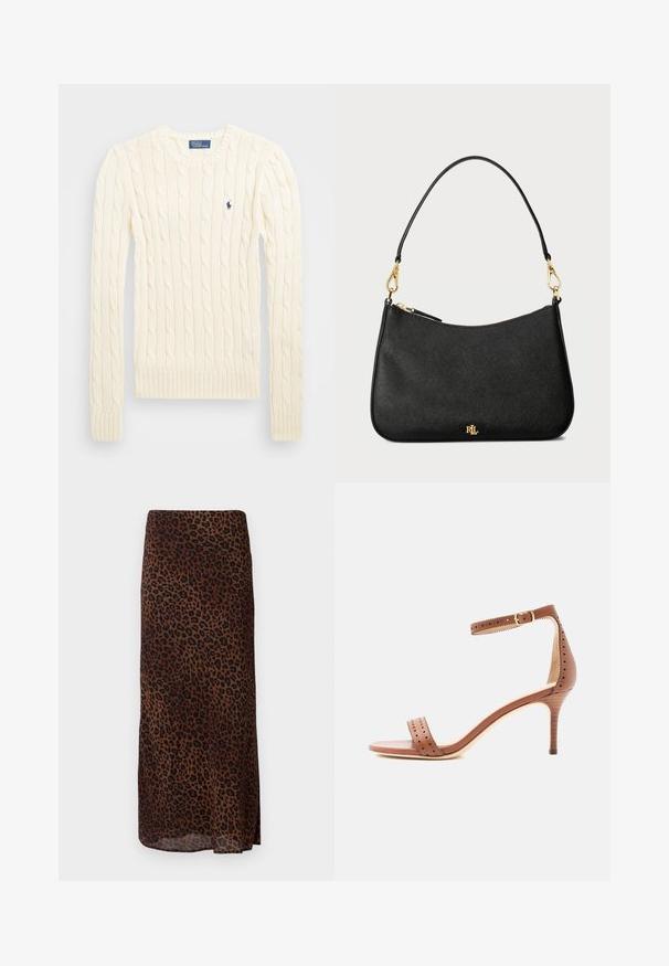 Cremefarvet kabelstrikket sweater med lange ærmer, ribbede manchetter og kant, med et lille broderet logo på venstre bryst.; Midi-nederdel med brunt og sort leopardprint, med lige silhuet, præsenteret på en ensfarvet hvid baggrund.; Brun læderhøjhælet sandal med perforerede detaljer, ankelrem og lille guldbælte, vist fra siden på hvid baggrund.; Sort læderhåndtaske med et struktureret design, der har en lynlåslukning, en aftagelig strop og hardware i guld.