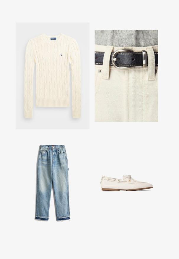 Cremefarvet kabelstrikket sweater med lange ærmer, ribbede manchetter og kant, med et lille broderet logo på venstre bryst.; Lyseblå denimjeans med lige ben, der har en frynset kant. Standardlommer og synlige syninger gennem hele. ; Hvid læderloafer med brun sål, snøredetalje langs den øverste kant og lille gyldent emblem på siden.; Hvide denimbukser har et sort læderbælte med en sølv spænde og kontrasterende syninger, der fremhæver tekstur og design.