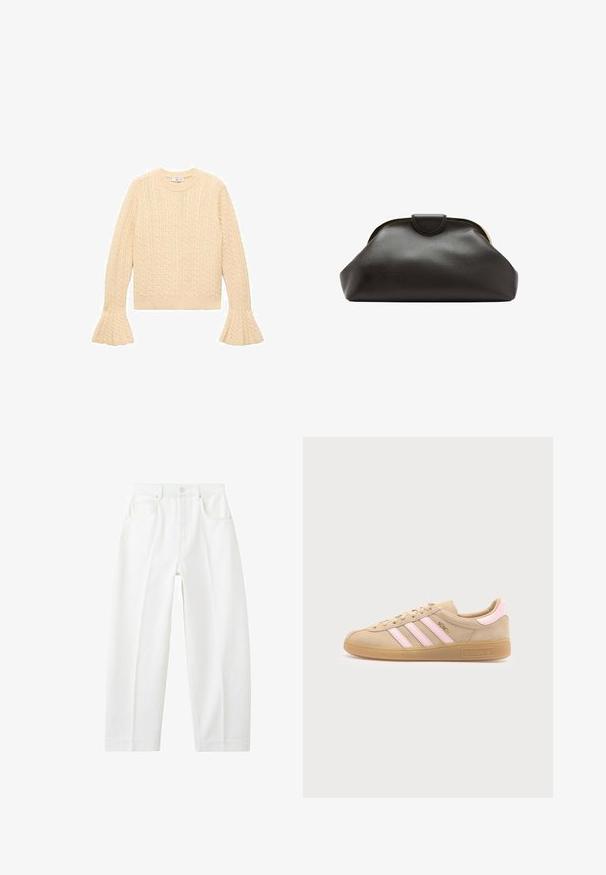 Pull en tricot crème avec motif en torsade, col ras du cou et manches évasées, posé à plat sur un fond blanc.; Jean blanc à taille haute, coupe droite, avec poches avant, passants pour ceinture et fermeture par bouton.; Baskets Adidas Munich beiges avec des bandes roses, semelle en gomme et texte doré "Munich" sur le côté, montrées de la face intérieure sur fond blanc.; Pochette en cuir noir souple avec un cadre arrondi et une petite fermeture à languette en haut au centre.