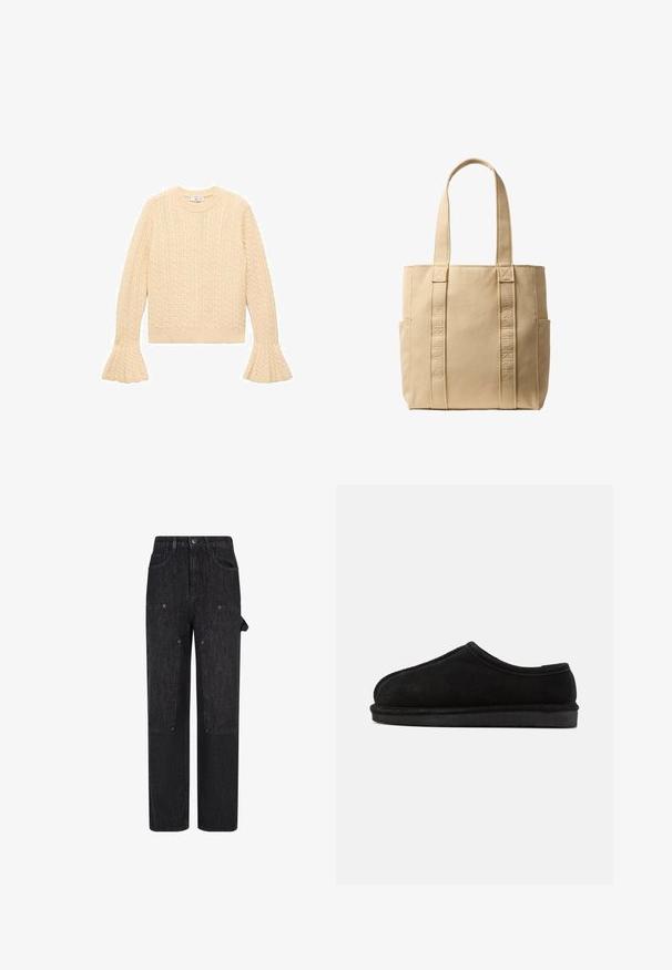 Cremefarvet strikket sweater med kabelmønster, rund hals og udvidede ærmer, lagt fladt på en hvid baggrund.; Sorte denim cargo bukser med en løs pasform, der har store forlommer, trykknaplukninger og en tekstureret overflade.; Bianco Backless Loafer BIASNOW - Slip-on sandaler - black; Beige Calvin Klein lærredstaske med to lange håndtag, lodret broderet brandnavn på forreste stropper og sidelommer.