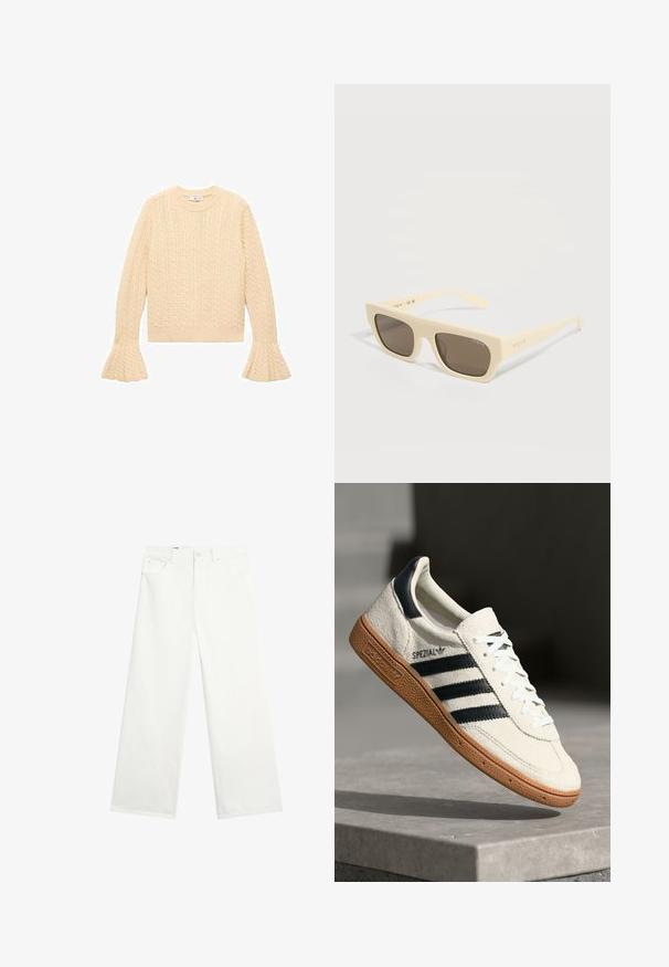 Pull en tricot crème avec motif en torsade, col ras du cou et manches évasées, posé à plat sur un fond blanc.; Pantalon blanc à jambes larges avec poches avant, passants de ceinture et fermeture par bouton à la taille, présenté sur fond blanc uni.; Baskets en daim blanc avec des bandes navy, semelle en caoutchouc gomme, tige texturée, bout rond et lacets ; arbore un logo sur le côté et sur la languette.; Lunettes de soleil rectangulaires couleur crème avec verres foncés et logo Vogue sur la branche et le verre, présentées sur un fond blanc.