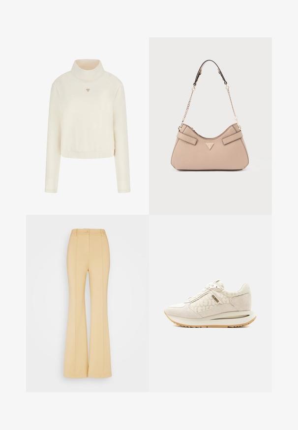 Guess Sweatshirt - crema; Guess Originals CLAIRE PINTUCK FLARED PANTS - Stoffhose - honey oat; Hellbeiger Sneaker mit Wildleder und gemustertem Stoff, Schnürdesign, gebrandetes Metalllogo an der Seite und Gummisohle.; Beige Handtasche aus Kunstleder mit geschwungener Form, verstellbarem Kettenhenkel und Logo-Akzent auf der Vorderseite. Glatte Textur mit gefalteten Riemendetails.