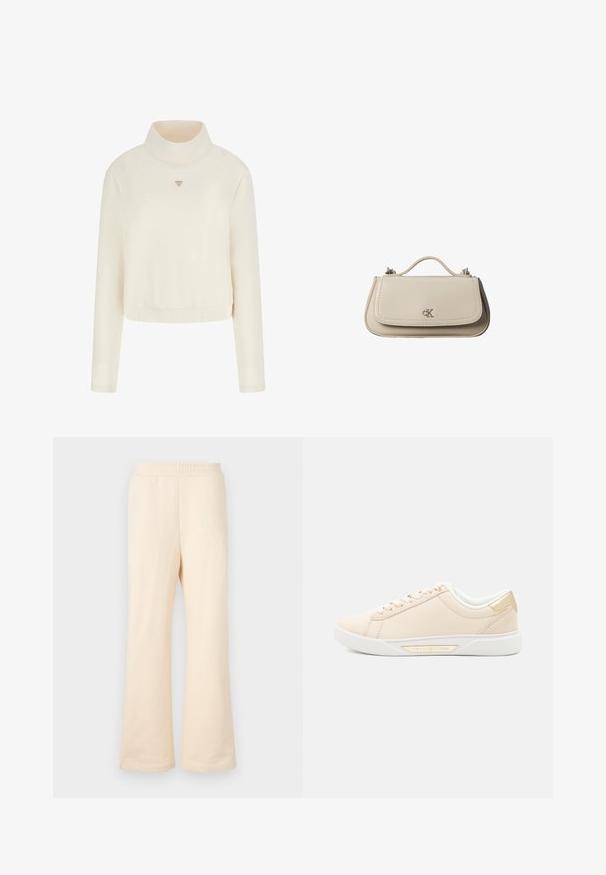 Guess Sweatshirt - crema; Beige weite Sweatpants aus weicher Baumwolle mit einem elastischen Bund und einem dezenten gestickten Logo auf der linken Vorderseite.; Beige Sneaker mit einem glatten Leder-Obermaterial, weißer Gummisohle und goldenen Akzenten nahe der Ferse. Verfügt über Schnürsenkel und dezente Nähdetails.; Kleine beigefarbene Lederhandtasche mit oberem Griff und silbernem CK-Logo auf der Frontklappe, vor weißem Hintergrund dargestellt.