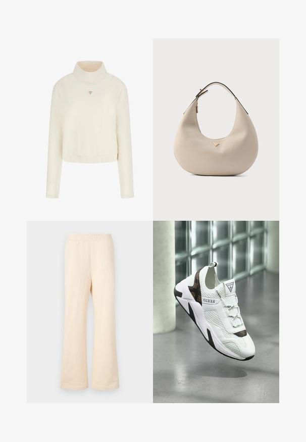 Guess Sweatshirt - crema; Beige weite Sweatpants aus weicher Baumwolle mit einem elastischen Bund und einem dezenten gestickten Logo auf der linken Vorderseite.; Weißer Sportschuh aus Mesh- und Leder-Materialien, mit einer schwarzen und braunen Musterung am Fersenakzent und einer strukturierten Sohle. Markenlogo auf der Zunge.; Beige Leder-Hobo-Tasche mit glatter Textur, abgerundeter Form und einem einzelnen schwarzen Träger. Verfügt über ein goldfarbenes Hardware-Detail.