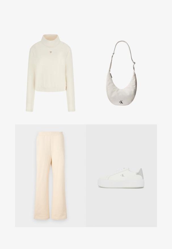 Guess Sweatshirt - crema; Beige bredde-bukser i sweatshirtstof lavet af blødt bomuldsstof, med elastisk linning og subtilt broderet logo på venstre side foran.; Hvide lærredssneakers med en tyk hvid sål, prydet med en metallic sølvaccent på hælen og en diskret logo-detalje på siden.; Hvid skuldertaske i læder formet som en halvmåne med justerbar rem, lynlåslukning og sort Calvin Klein-logo foran.