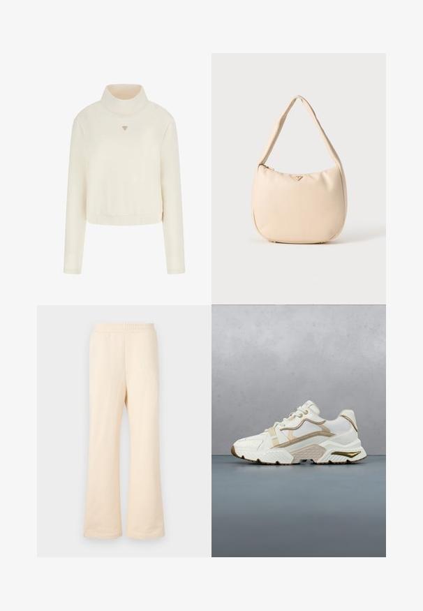 Guess Sweatshirt - crema; Beige weite Sweatpants aus weicher Baumwolle mit einem elastischen Bund und einem dezenten gestickten Logo auf der linken Vorderseite.; Weißer und beiger Sportschuh mit Schnürverschluss, strukturierter Sohle und mehrlagigen Designelementen vor neutralem Hintergrund.; Beige Hobo-Tasche aus glattem Synthetikmaterial, mit gebogener Form, einem einzigen Griff und einem dezenten Logo auf der Vorderseite. Mit Reißverschlussverschluss.