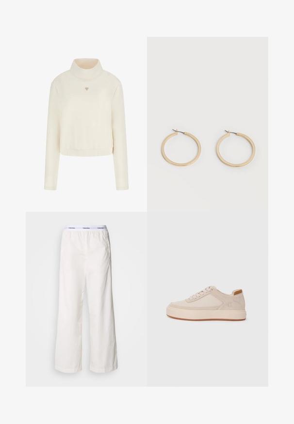 Guess Sweater - crema; Witte wijde broek met een elastische tailleband met een contrasterend Calvin Klein-logo. Gemaakt van gladde stof, bieden ze een ontspannen fit.; Beige sneakers met een suede afwerking, ronde neus, platte rubberen zool, vetersluiting en een kleine tan accent op de hiel met een logo.; Een paar gladde goudkleurige middelgrote creooloorbellen met scharniersluitingen op een effen lichte achtergrond.