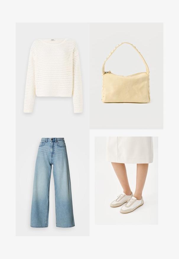 Witte, cropped trui met een losse, opengebreide textuur en lange mouwen. Heeft een brede halslijn en een ontspannen pasvorm.; Lichtblauwe, hooggetailleerde wijde jeans van denim, met een ontwerp van vijf zakken en subtiele vervaging voor textuur.; Persoon die witte sneakers met beige suède accenten draagt en een witte rok tot op de knie, staande tegen een witte achtergrond.; Kleine beige leren handtas met een enkele band en zilveren studs langs de randen en band, tegen een effen achtergrond.