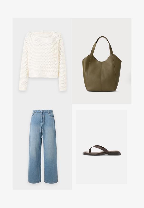 Witte, cropped trui met een losse, opengebreide textuur en lange mouwen. Heeft een brede halslijn en een ontspannen pasvorm.; Lichtblauwe denim wijde pijpen jeans met een hoge taille, voorzien van voorzakken, een strikriem en een vervaagde textuur.; Bruine leren teenslipper met een platte zwarte zool en een brede band over de wreef, zijaanzicht op een witte achtergrond.; Olijfgroene leren tote bag met dubbele straps, een gladde textuur en een ontwerp met vier panelen. Verstevigde stiksels langs de naden voor duurzaamheid.