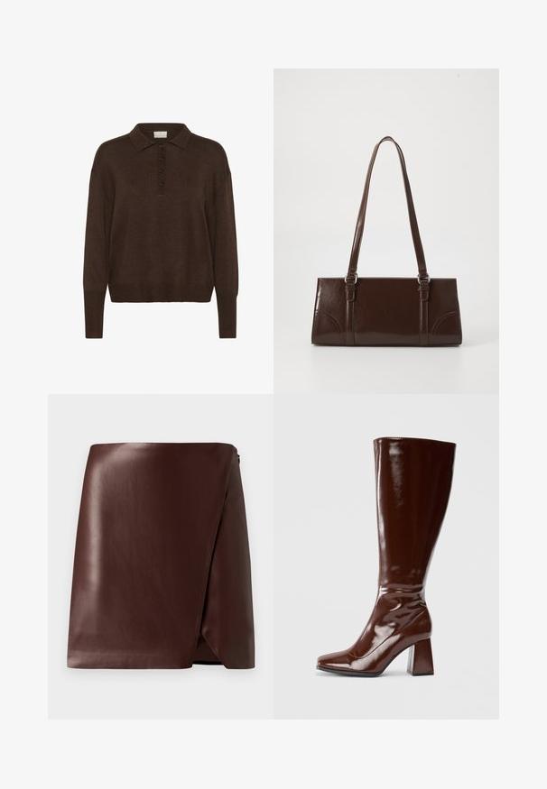 Pull en maille marron avec un col polo, présentant une patte de boutonnage et des poignets et un ourlet côtelés. Texture douce et coupe décontractée.; Jupe portefeuille en cuir marron avec une texture lisse, ourlet asymétrique et fermeture éclair sur le côté. Design minimaliste sans motifs ni accents.; Bottes en cuir verni marron jusqu'aux genoux avec un bout carré, finition brillante et un talon épais pour la stabilité. Design sans couture sans matériel visible.; Sac à main en cuir verni marron de forme rectangulaire, avec deux longues poignées et des accents courbés subtils à l'avant.