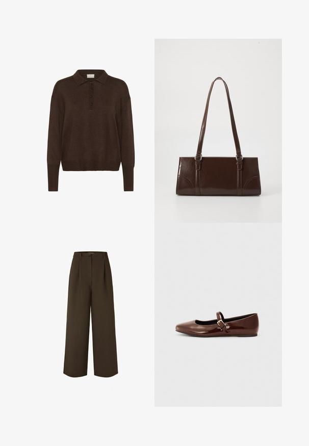 Pull en maille marron avec un col polo, présentant une patte de boutonnage et des poignets et un ourlet côtelés. Texture douce et coupe décontractée.; Pantalon à taille haute et jambes larges, couleur brun foncé, avec passants pour ceinture, bouton devant et plis, adapté pour une tenue formelle ou décontractée.; Ballerine en cuir verni marron avec un bout carré et une lanière ornée d'une petite boucle dorée. Texture lisse, talon bas et design minimaliste.; Sac à main en cuir verni marron de forme rectangulaire, avec deux longues poignées et des accents courbés subtils à l'avant.