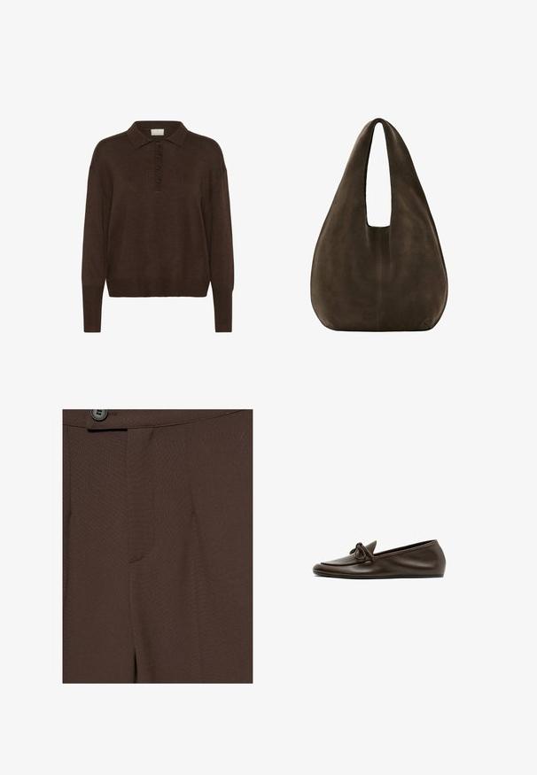Brun strikket pullover med polo-krave, der har en knaplukning og ribbet manchetter og kant. Blød tekstur og afslappet pasform.; Nærbillede af mørkebrune skræddersyede bukser med en knap og linning synlig øverst.; Mørkebrune læder flade loafers med en rundet tå og dekorativ sløjfe på overdelen, vist fra siden på hvid baggrund.; Blød, mørkebrun ruskind hobo-taske med en bred enkelt strop og rundet bund på hvid baggrund.