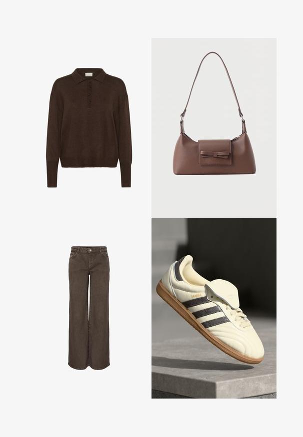 Pull en maille marron avec un col polo, présentant une patte de boutonnage et des poignets et un ourlet côtelés. Texture douce et coupe décontractée.; Pantalon en denim marron à jambes larges avec bouton frontal et poches, présenté sur un fond blanc uni.; Baskets en cuir crème avec trois bandes sombres, une semelle extérieure en gomme marron et un bout arrondi. Présentent une languette pliable étiquetée "SAMBA."; Sac à bandoulière en cuir marron avec une poche à rabat avant ornée d'un détail en forme de nœud cousu et une sangle réglable.
