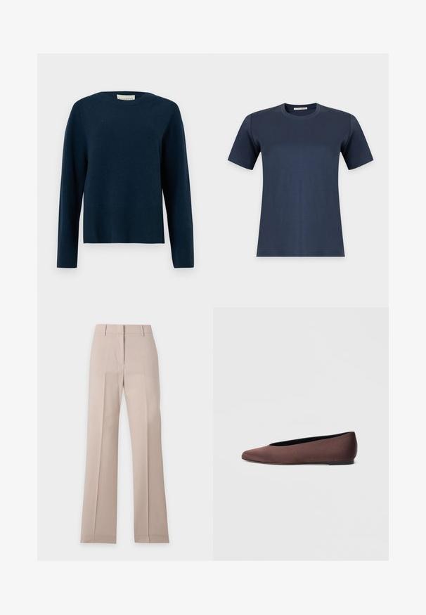 Pull à col rond bleu marine à manches longues, avec ourlet et poignets côtelés, en tissu tricoté doux.; T-shirt bleu marine uni à manches courtes et col rond, présenté sur fond blanc.; Pantalon beige à jambes droites avec passants de ceinture et pli devant, présenté à plat sur fond blanc.; Ballerines en tissu marron avec un bout pointu et une texture lisse, dotées d'un talon bas et d'une fine semelle noire. Aucune motif ni élément métallique visible.