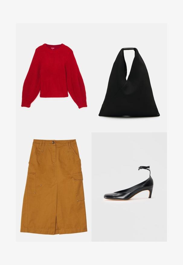 Pull en tricot rouge avec une texture côtelée, encolure ronde et manches bouffantes volumineuses. Longueur courte avec un ourlet en côtes ajusté.; Jupe en coton marron, longueur genou, avec fente avant, deux poches latérales et un petit badge logo. Elle dispose d'une fermeture à bouton et de passants de ceinture.; Escarpin en cuir noir avec un bout pointu, un talon fin et un détail de bride à la cheville avec une touche de gland. Texture lisse et design épuré.; Sac fourre-tout en tissu noir avec un design en V unique et une texture lisse. Doté d'une courte poignée avec un détail matériel minimaliste.