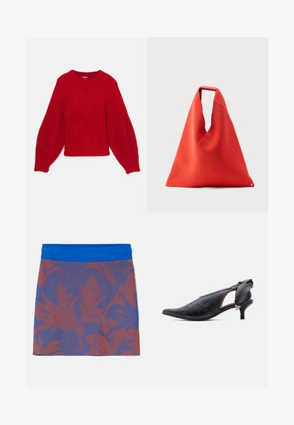 Rød strikket sweater med ribbet tekstur, rund hals og voluminøse ballonærmer. Kort længde med en tætsiddende ribbet kant.; Ribbet nederdel med en blå talje, som har et blomstermønster i orange og mørkeblå nuancer på en struktureret baggrund.; Sort læder slingback-hæl med spids tå og broderede detaljer samt en lav kitten-heel, der har en polstret sløjfe og en sølvfarvet trekantsdetalje.; Rød trekantet stofindkøbstaske med top håndtag og synlige sømdetaljer, stående oprejst mod en lysegrå baggrund.