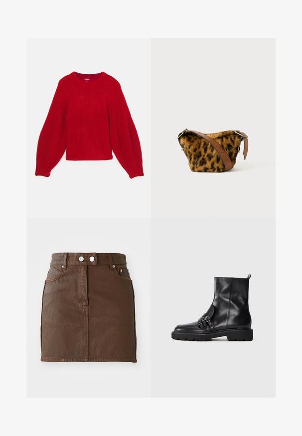 Pull en tricot rouge avec une texture côtelée, encolure ronde et manches bouffantes volumineuses. Longueur courte avec un ourlet en côtes ajusté.; Jupe en denim marron mini avec une taille haute, deux poches avant, des accents de boutons en argent et une texture lisse.; Bottes chelsea en cuir noir avec une finition lisse, ornées de trois boucles sur le côté et d'une semelle texturée robuste.; Sac en fausse fourrure imprimé léopard avec une bandoulière en cuir marron, présentant une forme arrondie et des accents en métal doré.