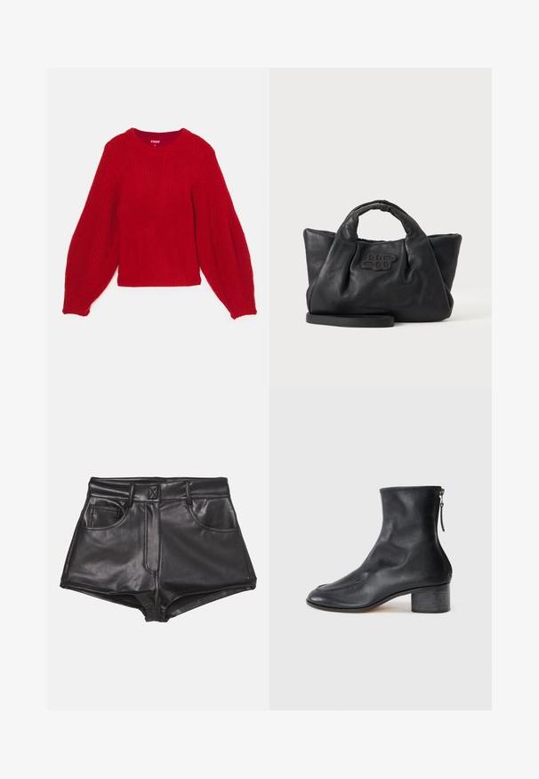 Pull en tricot rouge avec une texture côtelée, encolure ronde et manches bouffantes volumineuses. Longueur courte avec un ourlet en côtes ajusté.; Shorts en simili cuir noirs à taille haute, dotés de deux poches frontales, de coutures apparentes et d'une texture lisse.; Bottine en cuir noir avec un bout arrondi, dotée d'un talon bloc et d'une fermeture éclair à l'arrière. Texture lisse avec des coutures subtiles.; Sac à main en cuir souple noir avec de courtes poignées, une bandoulière amovible et un logo cousu à l'avant, sur un fond uni clair.