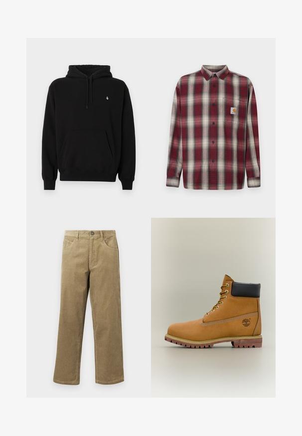 Sweat à capuche noir en tissu mélangé coton. Dispose d'une poche kangourou, d'une capuche avec cordon de serrage, de poignets côtelés et d'un petit logo sur la poitrine.; Chemise en flanelle à carreaux rouge et gris avec un col boutonné, des manches longues et une poche poitrine arborant une étiquette logo. Texture tissée.; Pantalon en velours côtelé marron clair, avec une coupe droite, cinq poches et une fermeture à bouton. Tissu texturé avec un léger effet de côtes.; Bottine en cuir marron avec col noir, lacets jaunes et semelle beige. Présente un logo et des détails de couture blanche. Semelle extérieure à traction robuste.