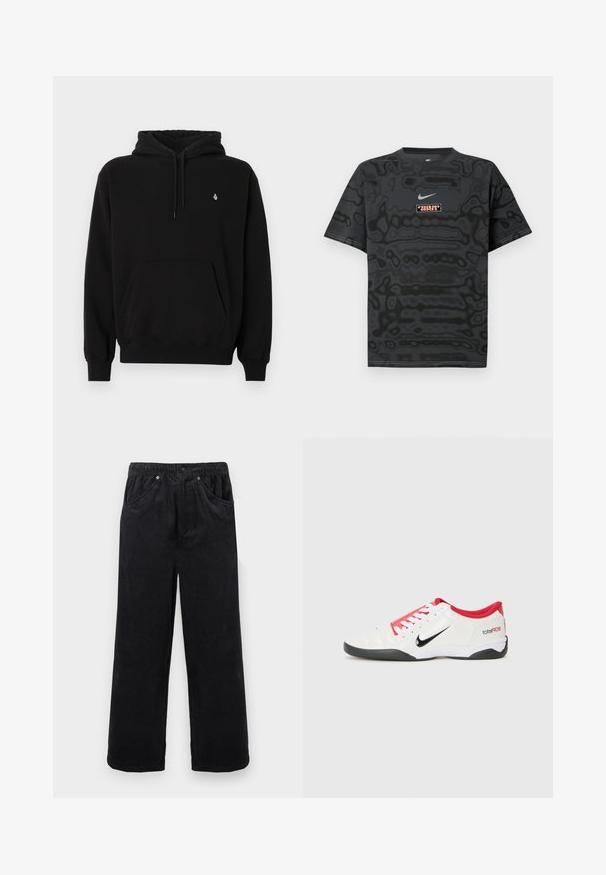 Sweat à capuche noir en tissu mélangé coton. Dispose d'une poche kangourou, d'une capuche avec cordon de serrage, de poignets côtelés et d'un petit logo sur la poitrine.; T-shirt noir avec un motif texturé, arborant un petit logo Nike en bleu clair et un écusson rectangulaire aux couleurs contrastantes.; Pantalon en velours côtelé noir à jambes larges avec taille élastique, bouton et fermeture éclair, et poches avant sur un fond clair.; Chaussure de sport blanche avec des accents rouges, logo Swoosh noir et design texturé. Équipée de lacets blancs et d'une semelle noire. Le texte indique "total90".