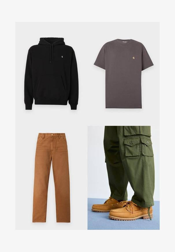 Sweat à capuche noir en tissu mélangé coton. Dispose d'une poche kangourou, d'une capuche avec cordon de serrage, de poignets côtelés et d'un petit logo sur la poitrine.; T-shirt à manches courtes marron foncé uni, col rond, avec petit logo Carhartt beige sur le côté gauche de la poitrine, taille grande.; Pantalon marron à jambes droites avec passants de ceinture, poches avant et fermeture à bouton, présenté sur un fond clair uni.; Timberland AUTHENTIC 3 EYE - Chaussures bateau - wheat