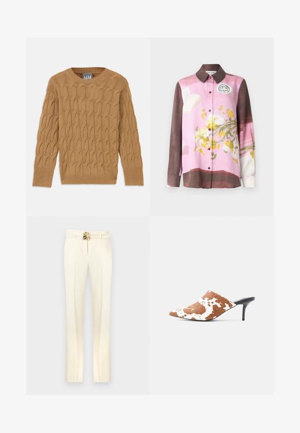 Pull en tricot marron avec un motif en torsade, col rond et manches longues. Poignets et ourlet côtelés, fabriqué dans un tissu doux et texturé.; Chemise boutonnée rose et marron, avec un motif floral, manches longues, col et boutons marron. Texture du tissu lisse.; Pantalon sur mesure de couleur crème avec une taille ceinturée ornée de détails en métal doré, jambes droites, et une texture lisse et douce.; Mule à bout pointu avec dessus imprimé motif vache marron et blanc et talon aigu slim noir sur fond gris clair.