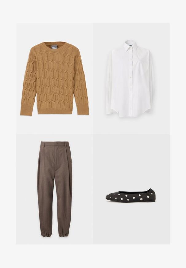 Suéter marrón de punto con un patrón de trenzas, cuello redondo y mangas largas. Puños y dobladillo con ribete, confeccionado en una tela suave y texturizada.; Camisa blanca de manga larga en tejido ligero que presenta un cuello clásico, cierre de botones y un bolsillo en forma de corazón en el lado izquierdo.; Pantalones marrones a medida con pliegues, trabillas para cinturón y puños elásticos, mostrados sobre un fondo blanco.; Zapato plano de ballet negro con parte trasera elástica y grandes tachuelas redondas plateadas dispersas en el lado superior, mostrado de perfil sobre fondo blanco.