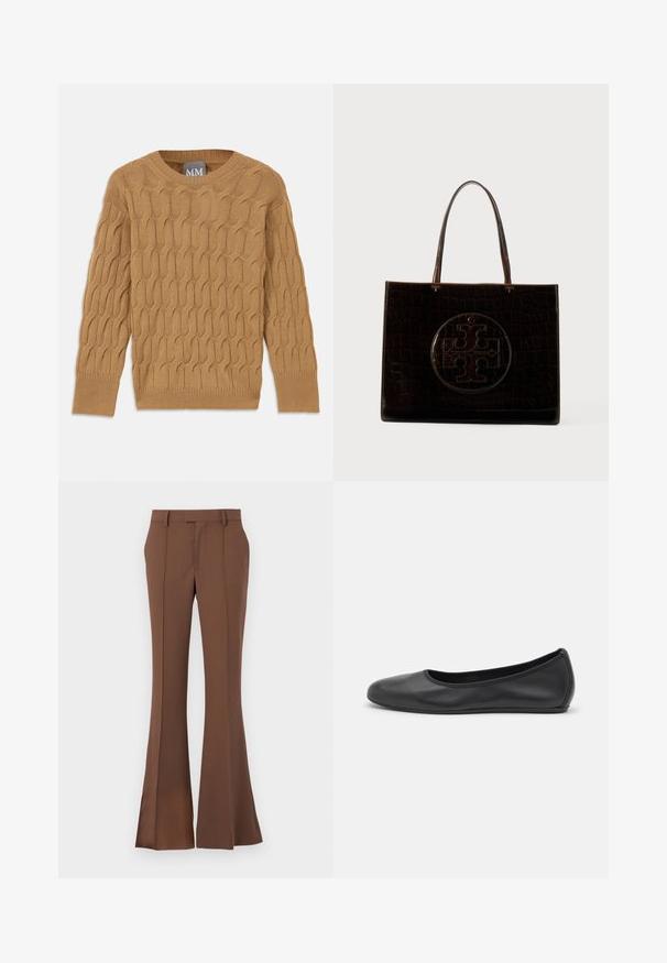 Pull en tricot marron avec un motif en torsade, col rond et manches longues. Poignets et ourlet côtelés, fabriqué dans un tissu doux et texturé.; Pantalons évasés marron en tissu lisse, dotés d'un devant plat, de passants de ceinture et d'une coupe ajustée avec des détails de plis subtils.; Ballerines en cuir noir avec un bout rond, texture lisse, détails de couture minimalistes et design de semelle flexible.; Sac tote en cuir brun foncé avec texture crocodile et un grand logo circulaire en relief à l'avant, comportant deux poignées.