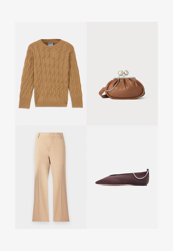 Suéter marrón de punto con un patrón de trenzas, cuello redondo y mangas largas. Puños y dobladillo con ribete, confeccionado en una tela suave y texturizada.; Pantalones anchos beige con una textura suave, presentan una cinturilla de altura media y pliegues frontales limpios. Diseño sencillo, sin adornos visibles.; Zapato plano de punta fina de color marrón oscuro con un tacón bajo y un detalle de cadena de pedrería plateada en la parte trasera.; Bolso de mano de cuero marrón con cierre de bola plateada y un pequeño detalle de cadena plateada sobre un fondo blanco.