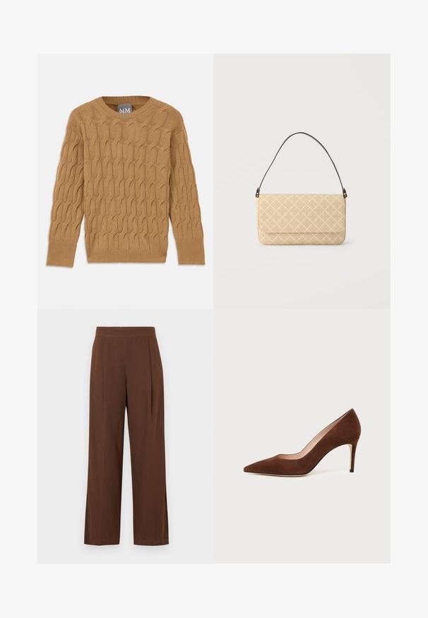 Pull en tricot marron avec un motif en torsade, col rond et manches longues. Poignets et ourlet côtelés, fabriqué dans un tissu doux et texturé.; Pantalon marron à jambes larges avec une texture lisse, présentant un devant plat et des plis. La taille est élastiquée pour le confort et l'ajustement.; Chaussure à talon haut en daim marron à bout pointu avec un talon aiguille fin sur fond blanc.; Sac à main rectangulaire beige avec un léger motif en croisillon et une poignée incurvée marron foncé sur un fond clair uni.