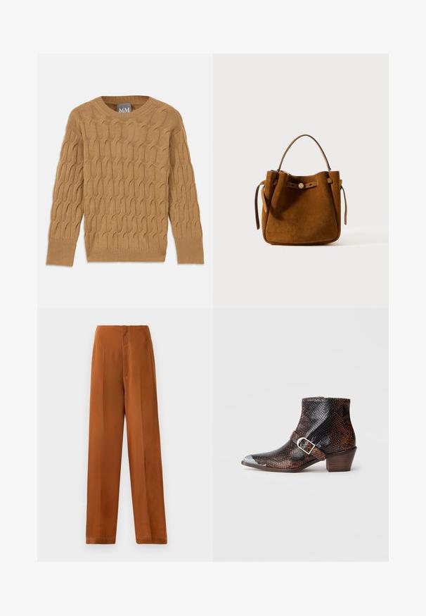 Brun strikket sweater med kabelmønster, rund halsudskæring og lange ærmer. Ribbenede manchetter og kant, lavet af et blødt, tekstureret stof.; Viddebukser i en varm brun farve med en glat tekstur, høj talje og kontrasterende hvid syning langs sømmene.; Sorte og brune ankelstøvler med slangemønster, med en sølvfarvet tåhætte, spændeaccents og en lav træhælt. Glat tekstur, tætsiddende design.; Brun ruskind skuldertaske med en struktureret form, der har et top håndtag, justerbare side stropper og en lille knapdetalje foran.