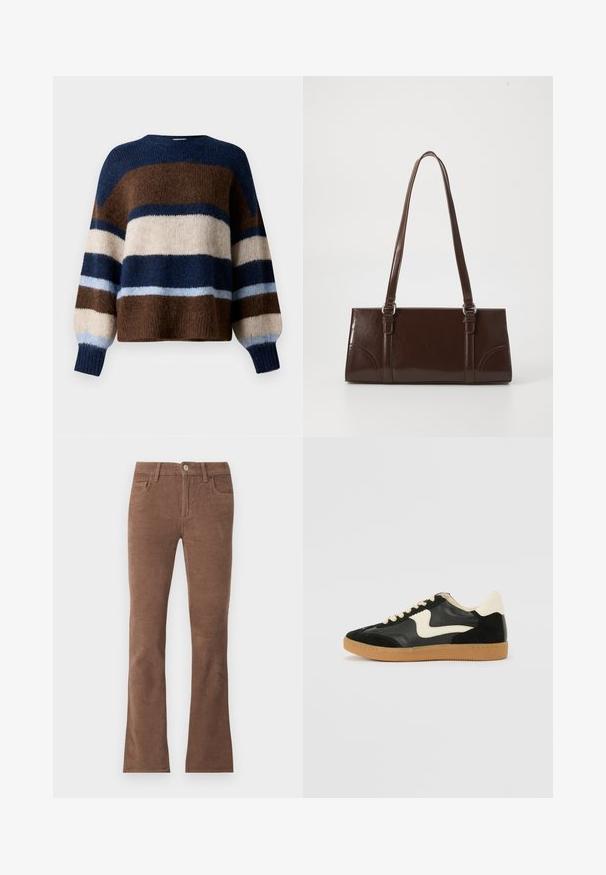 Pull en tricot avec des rayures horizontales marron, crème, marine et bleu clair. Tissu doux et texturé avec un col rond et des manches ballon.; Pantalon en velours côtelé marron avec fermeture par bouton et fermeture éclair, style cinq poches, jambes légèrement évasées.; Baskets en daim et cuir noir avec un swoosh latéral crème et un talon crème clair. Dotées de lacets beige et d'une semelle en caoutchouc gomme.; Sac à main en cuir verni marron de forme rectangulaire, avec deux longues poignées et des accents courbés subtils à l'avant.
