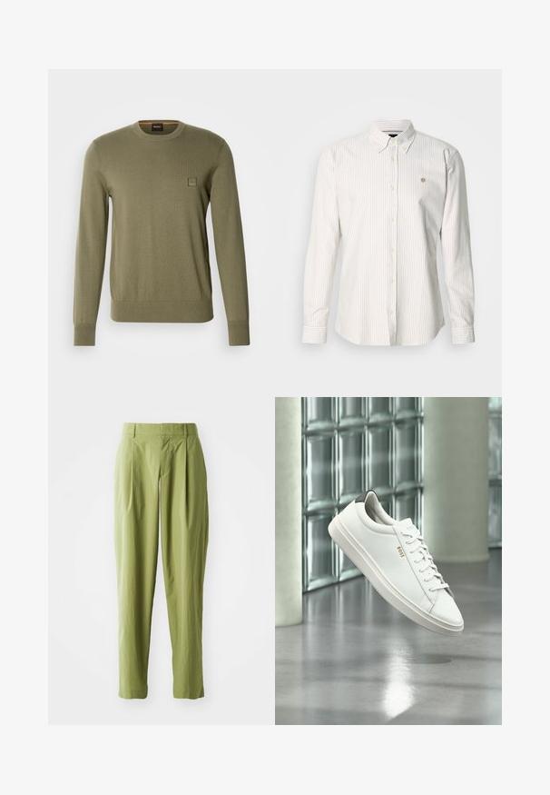 Olijfgroene trui met lange mouwen, ronde hals, geribde manchetten en zoom, met een subtiele logo patch op de borst in vierkante vorm.; Gestreept shirt met lange mouwen in lichtbeige en wit. Voorzien van een button-down kraag, knopen aan de voorkant en een klein logo op de borst.; Lichtgroene broek van een gestructureerde stof, met een rechte pasvorm, plooien aan de voorkant en een standaard tailleband.; Witte leren lage sneaker met veters, zwarte hielstrook en "BOSS"-logo, zwevend binnenshuis bij een glazen stenen muur en gepolijste vloer.