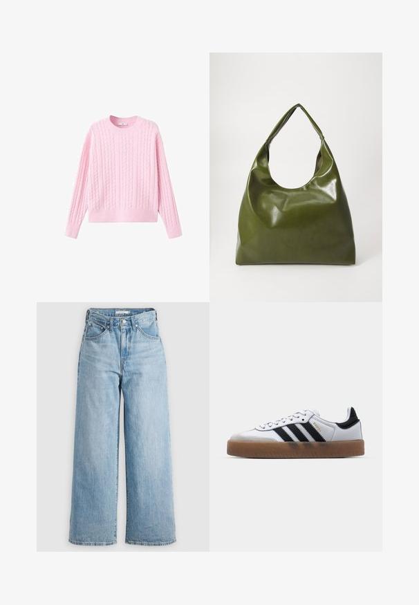 Pull en tricot rose avec un motif en torsades, des manches longues et un col rond. Le tissu est doux avec une finition légèrement texturée.; Jeans larges bleu clair à taille haute, fabriqués en denim. Ils possèdent un design classique à cinq poches et des accessoires en métal.; Baskets en cuir blanc avec des rayures noires, semelle extérieure en caoutchouc beige, bout rond, fermeture lacée et embout en suède gris doux.; Sac hobo en cuir vert au design décontracté, avec une poignée incurvée et une texture lisse. Ne contient aucun matériel ou accent visible.