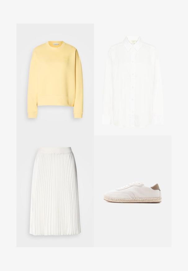 Geel sweatshirt gemaakt van katoenmix met een ronde hals, ribgebreide manchetten en een klein logo op de borst. Glad textuur en standaard pasvorm.; Witte blouse met lange mouwen, knoopsluiting voor, een klassieke kraag en een reguliere pasvorm. Gemaakt van gladde stof, met acht knopen aan de voorkant.; Plissé witte rok met een gladde tailleband, knielange ontwerp, met een vloeiende textuur en constante verticale plooien.; Witte sneaker met een bovenwerk van suède, beige accenten en een gevlochten juten zool. Voorzien van platte veters en een gebrandmerkt zijlogo.