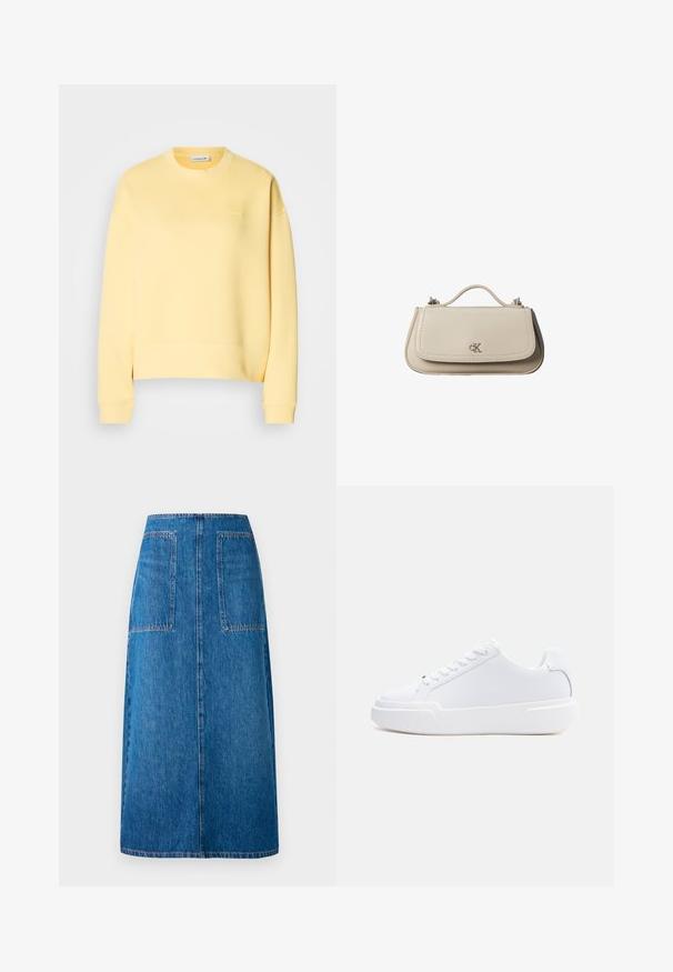 Gelbes Sweatshirt aus Baumwollmischung mit Rundhalsausschnitt, gerippten Bündchen und kleinem Logo auf der Brust. Glatte Textur und normale Passform.; Dunkelblaum Denim-Rock mit geradem Schnitt, ausgestattet mit zwei aufgesetzten Taschen auf der Rückseite und sichtbaren Nähten am Saum sowie an den Taschenkanten.; Weißer Sneaker mit niedrigem Schaft, Schnürverschluss, dicker Sohle und glattem Obermaterial, von der Außenseite vor einem einfarbigen hellen Hintergrund gezeigt.; Kleine beigefarbene Lederhandtasche mit oberem Griff und silbernem CK-Logo auf der Frontklappe, vor weißem Hintergrund dargestellt.