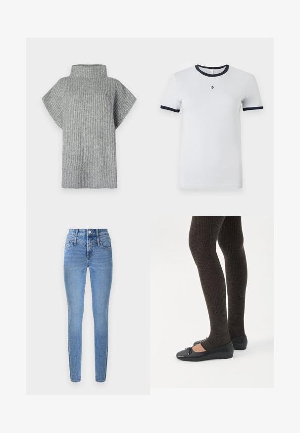 Gray ribbed knit top with a high collar, short sleeves, and a loose fit. Textured fabric with horizontal stripes.; White short-sleeve t-shirt with a round navy neckline and navy cuffs. Features a small logo on the chest. Smooth fabric texture.; Skinny jeans in light blue denim with a high waist, two front pockets, and a zipper fly. Features a smooth texture and subtle fading.; Legs wearing dark ribbed leggings paired with black ballet flats featuring small bow details on a white background.