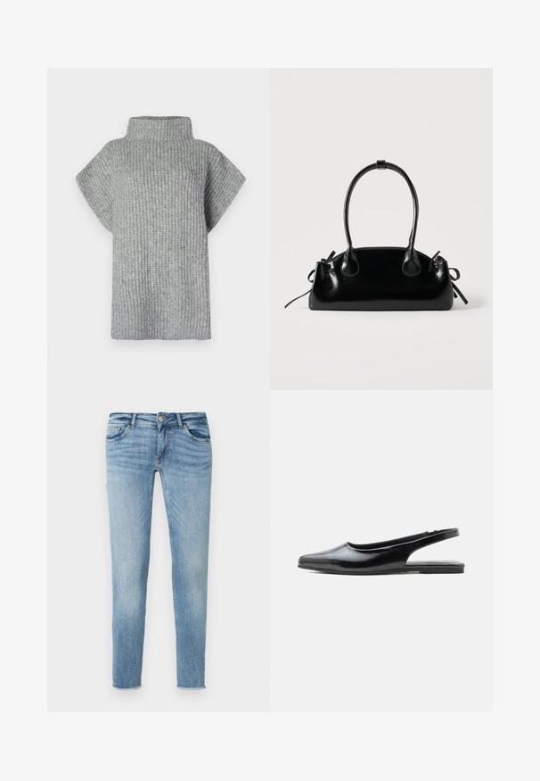 Grijze geribbelde gebreide top met een hoge kraag, korte mouwen en een losse pasvorm. Geweven stof met horizontale strepen.; Lichtblauwe denim jeans met een slanke pasvorm, vijf zakken, knoopsluiting en subtiele vervaging. De zoom is lichtjes rafelig.; Zwarte slingback platte schoen van lakleer met puntige neus en lage hak op een witte achtergrond.; Kleine zwarte glanzende handtas met twee lange hengsels en zijkant trekkoord details op een effen lichte achtergrond.