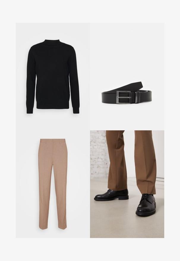 Pull en noir en tissu doux, avec un col haut et des manches longues. Design simple, sans motifs ni embellissements.; Pantalon beige sur mesure en tissu lisse et texturé. Coupe droite avec une taille à la taille et sans ornements visibles ni poches.; Chaussures en cuir noir avec une surface lisse et un bout arrondi, dotées d'un système de laçage et d'une semelle plate et basse. Associées à un pantalon marron.; Ceinture en cuir noir avec une boucle en métal argenté rectangulaire, au design plat et à la texture lisse. Les extrémités s'effilent pour un enfilage facile.