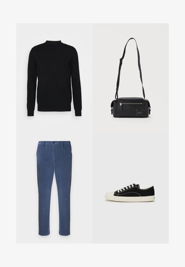 Suéter negro de punto suave con cuello alto y mangas largas. Diseño sencillo, sin patrones ni adornos.; Pantalones de algodón azul con textura suave, corte recto y cierre de botones. Presentan trabillas para cinturón y un detalle de pliegue frontal.; Zapatillas de lona negras con costuras blancas, puntera redonda de goma y cordones blancos. Presentan un upper de tejido texturizado y suela beige.; Bolso bandolera rectangular negro con bolsillo frontal con cremallera, correa de hombro ajustable y pequeño parche con el logo de Calvin Klein.