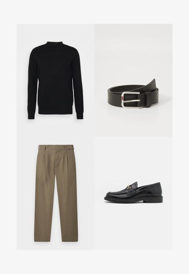 Suéter negro de punto suave con cuello alto y mangas largas. Diseño sencillo, sin patrones ni adornos.; Pantalones khaki de corte recto para hombre, con trabillas para cinturón, pliegues delanteros y cierre oculto con botón y cremallera.; Mocasines de cuero negro con punta redondeada, que cuentan con un detalle de herrajes dorados y costuras, situados sobre una suela de goma texturizada y baja.; Cinturón de cuero negro con una hebilla rectangular de plata. La hebilla presenta un acento de rayas rojas y blancas. Textura suave, diseño clásico.