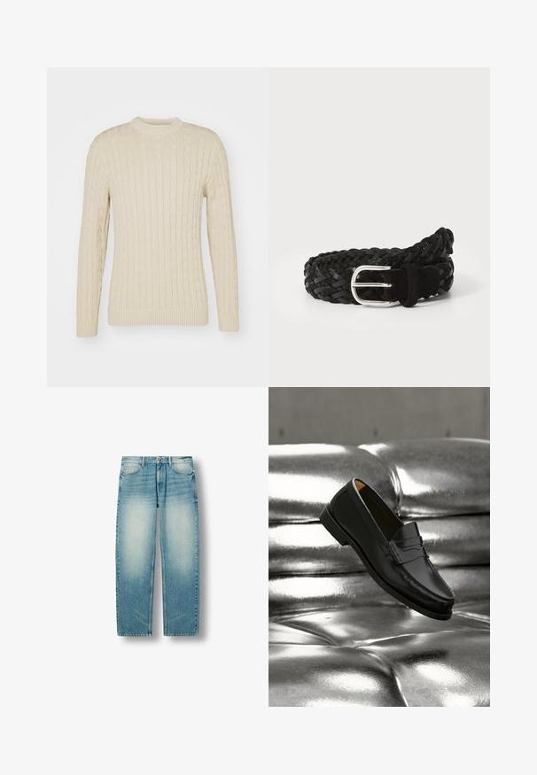 Kabelstrikket sweater i lys creme. Har rund halsudskæring, lange ærmer, ribbede manchetter og kant, samt et struktureret overflademønster.; Lyseblå denimjeans med lige ben, falmede områder på lårene, forlommer, bæltestropper og knaplukning.; Sort læderloafer svæver over en skinnende sølvfarvet, polstret lædersofa i et minimalistisk miljø.; Sort vævet læderbælte med en sølvmetalspænde, der har en struktureret overflade og en løkke til at sikre enden.